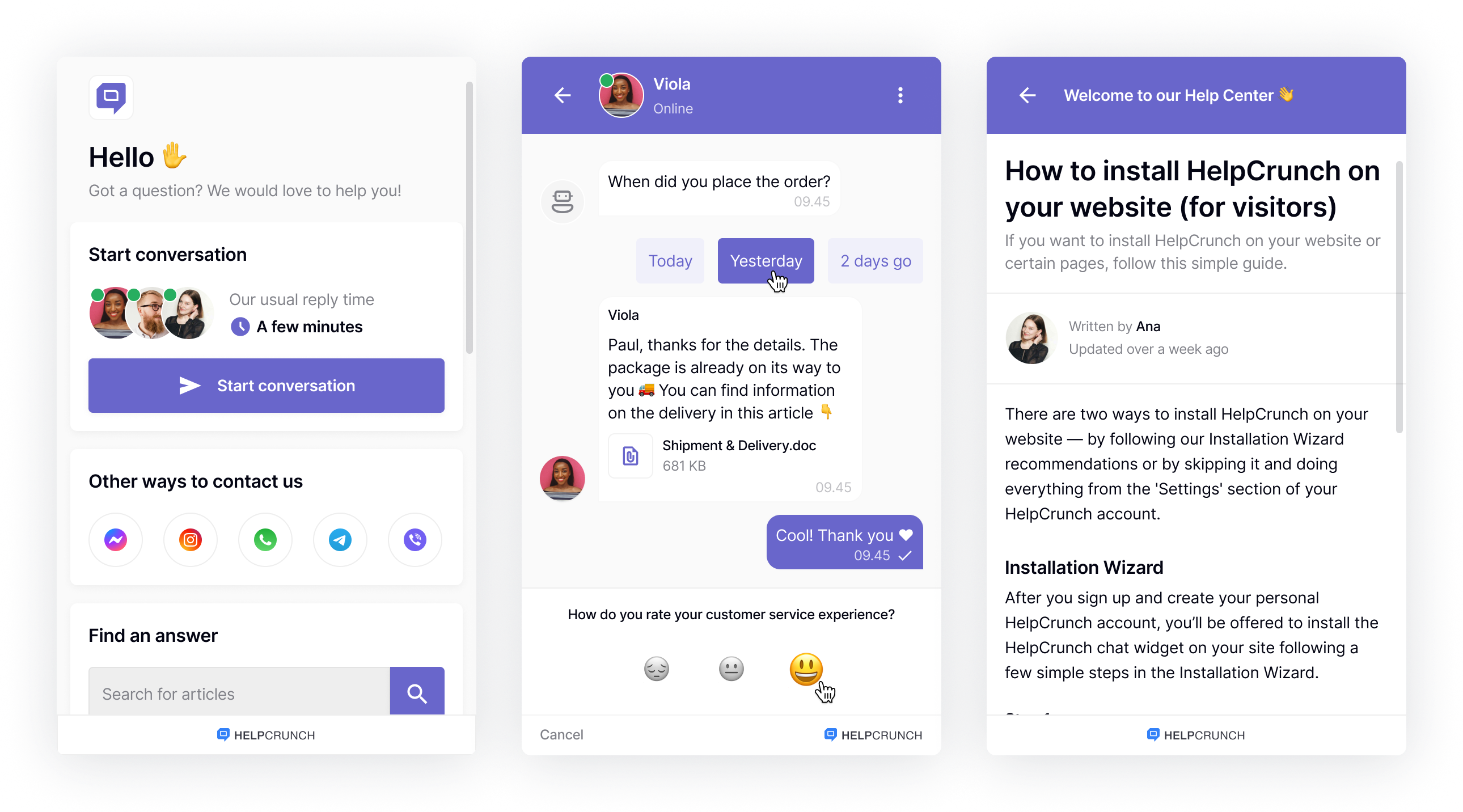 Live chat widget by HelpCrunch: start screen, conversation, knowledge base article